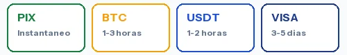 Metodos de pagamento em cassinos: Pix instantaneo, Bitcoin 1-3 horas, USDT 1-2 horas, Visa 3-5 dias
